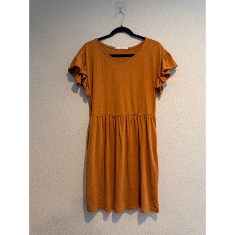Peruvian Connection Women Rust Orange Cotton Ruffle Flutter Sleeve Dress Small